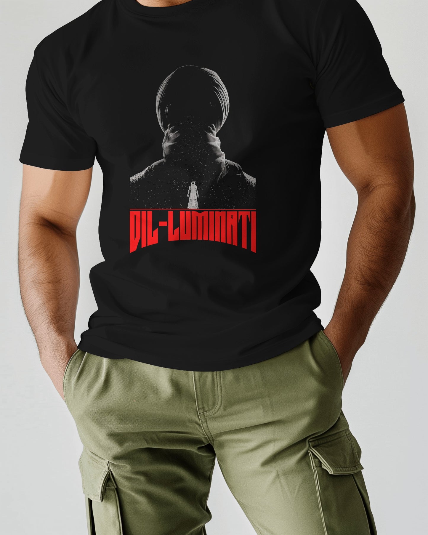 an Indian male model wearing Diljit Dosanjh "Diluminati" T-Shirt black