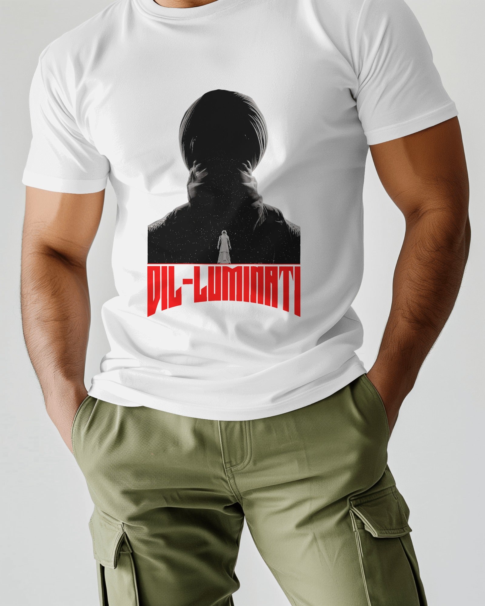 an Indian male model wearing Diljit Dosanjh "Diluminati" white T-Shirt