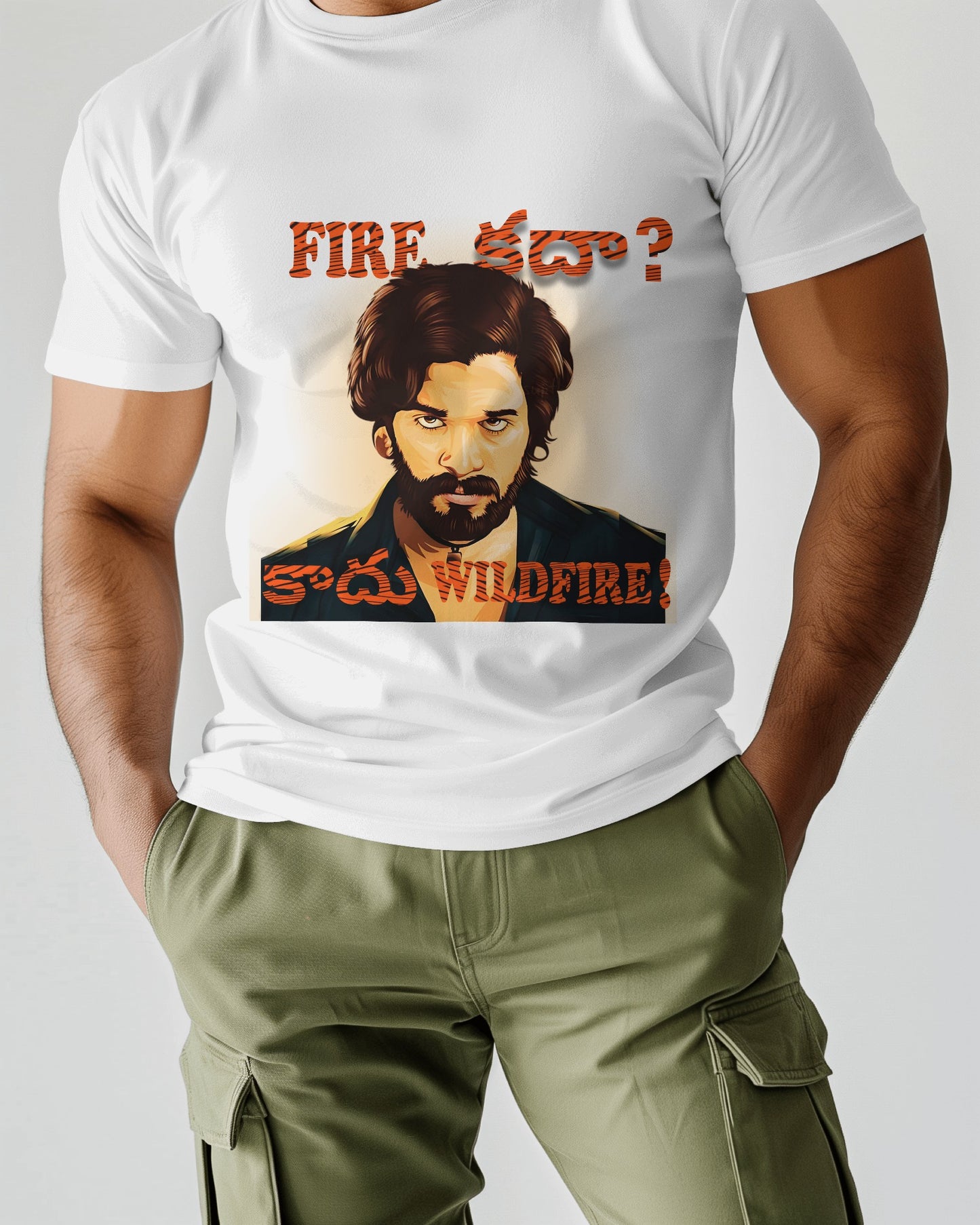Front view of a male model wearing Wildfire 'Pushpa 2' T-shirt white