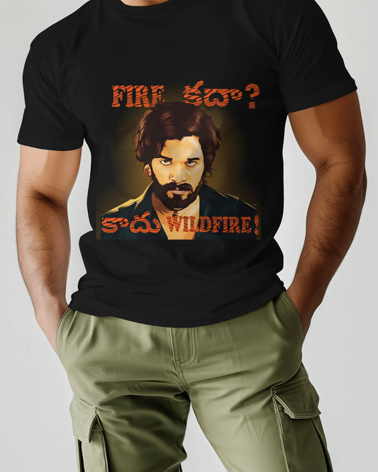 Front view of a male model wearing Wildfire 'Pushpa 2' T-shirt blue