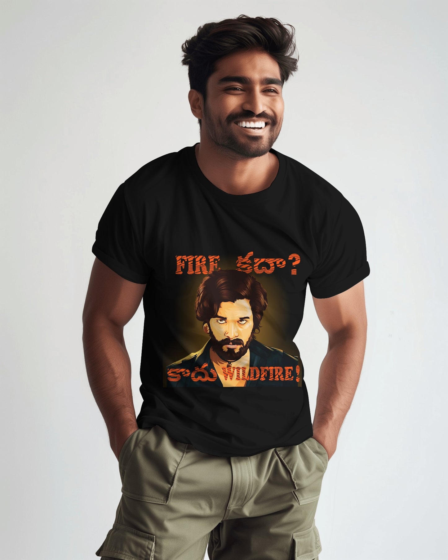 Front view of a male Indian model wearing Wildfire 'Pushpa 2' T-shirt black