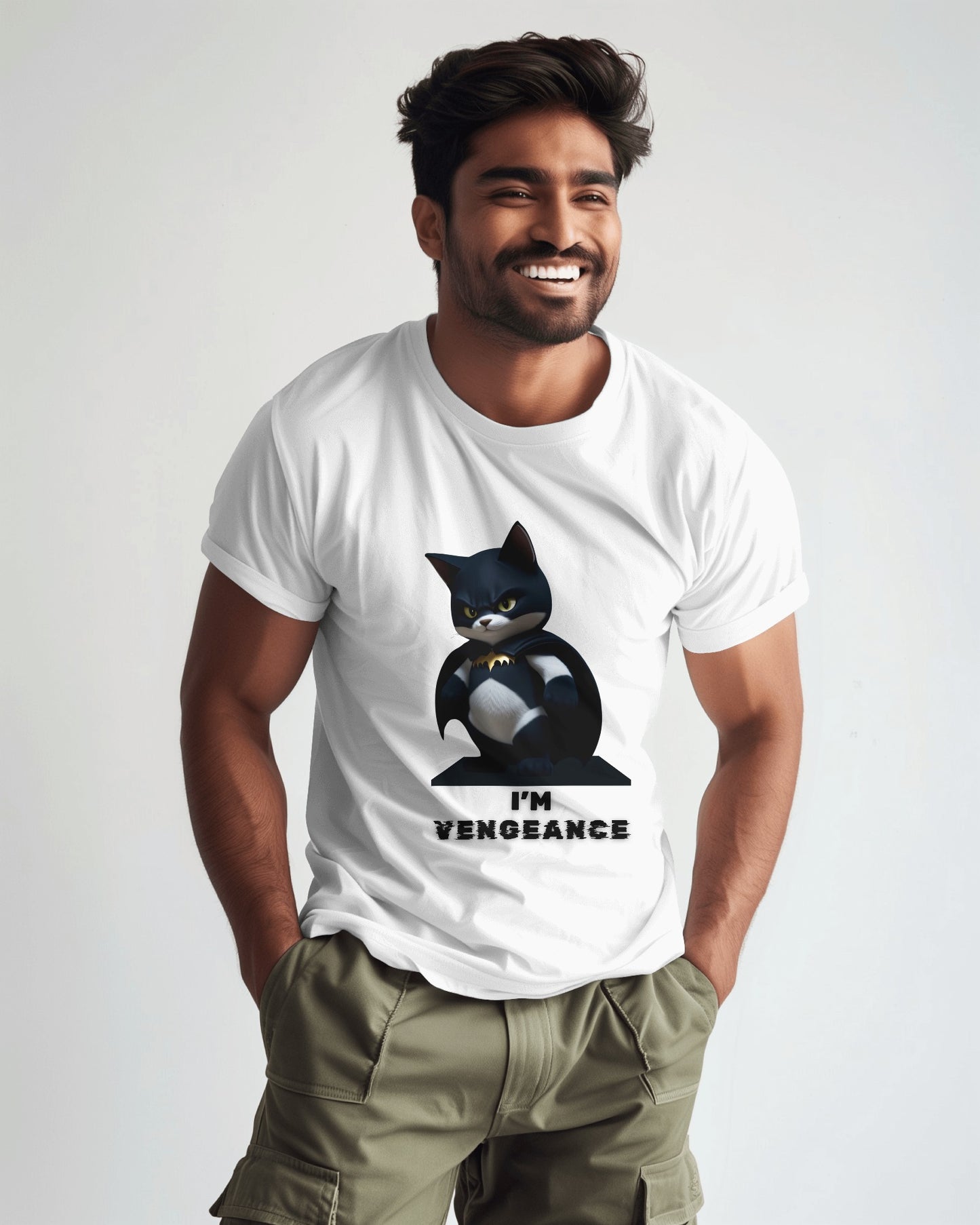 front view of a male Indian model wearing Catman Vengeance white T-Shirt