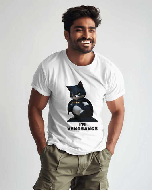 front view of a male Indian model wearing Catman Vengeance white T-Shirt