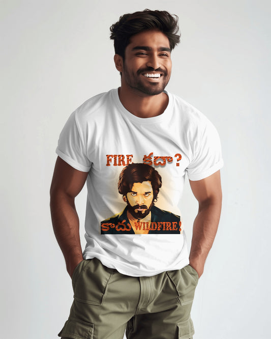 Front view of a male Indian model wearing Wildfire 'Pushpa 2' T-shirt white