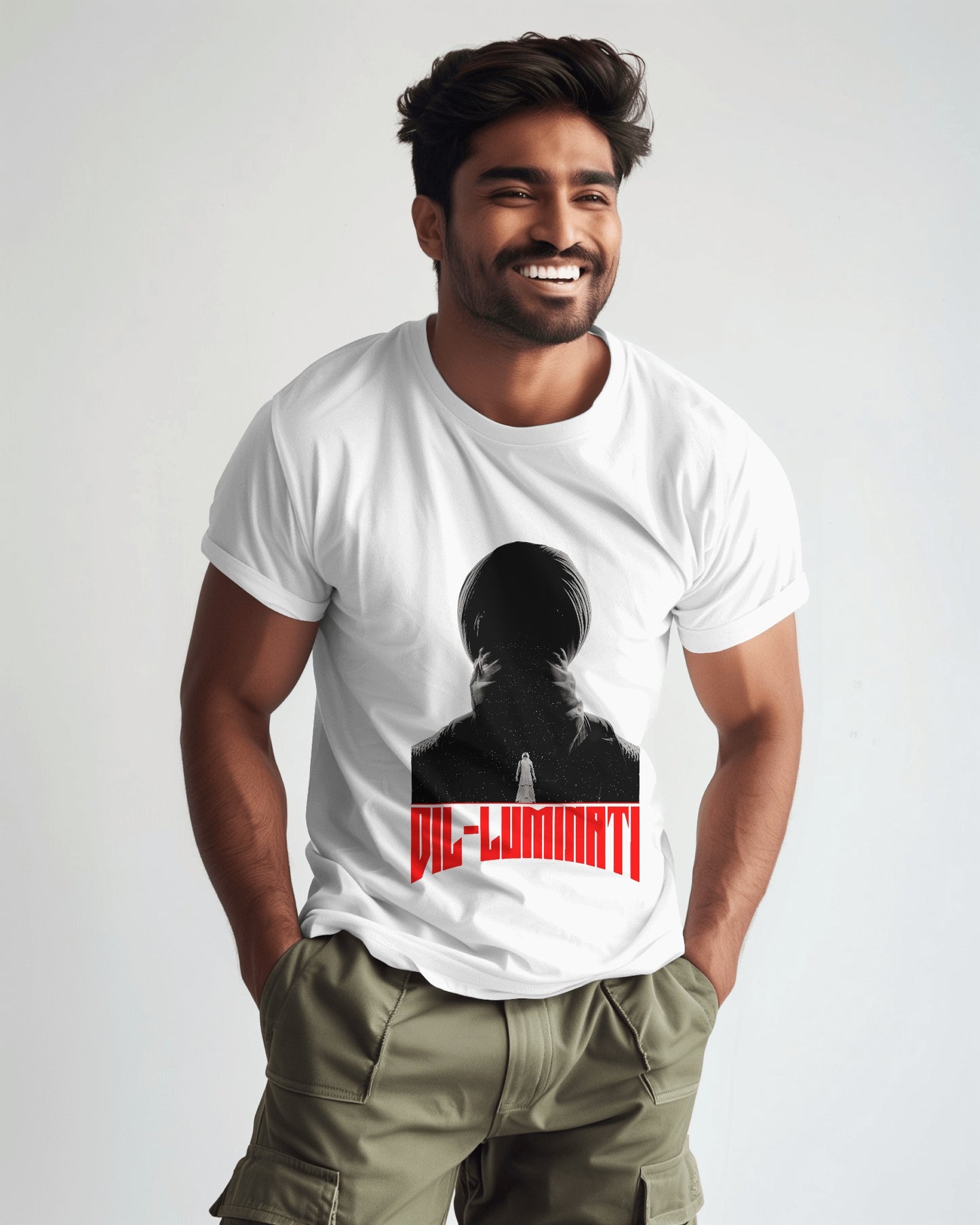 an Indian male model wearing Diljit Dosanjh "Diluminati" T-Shirt white