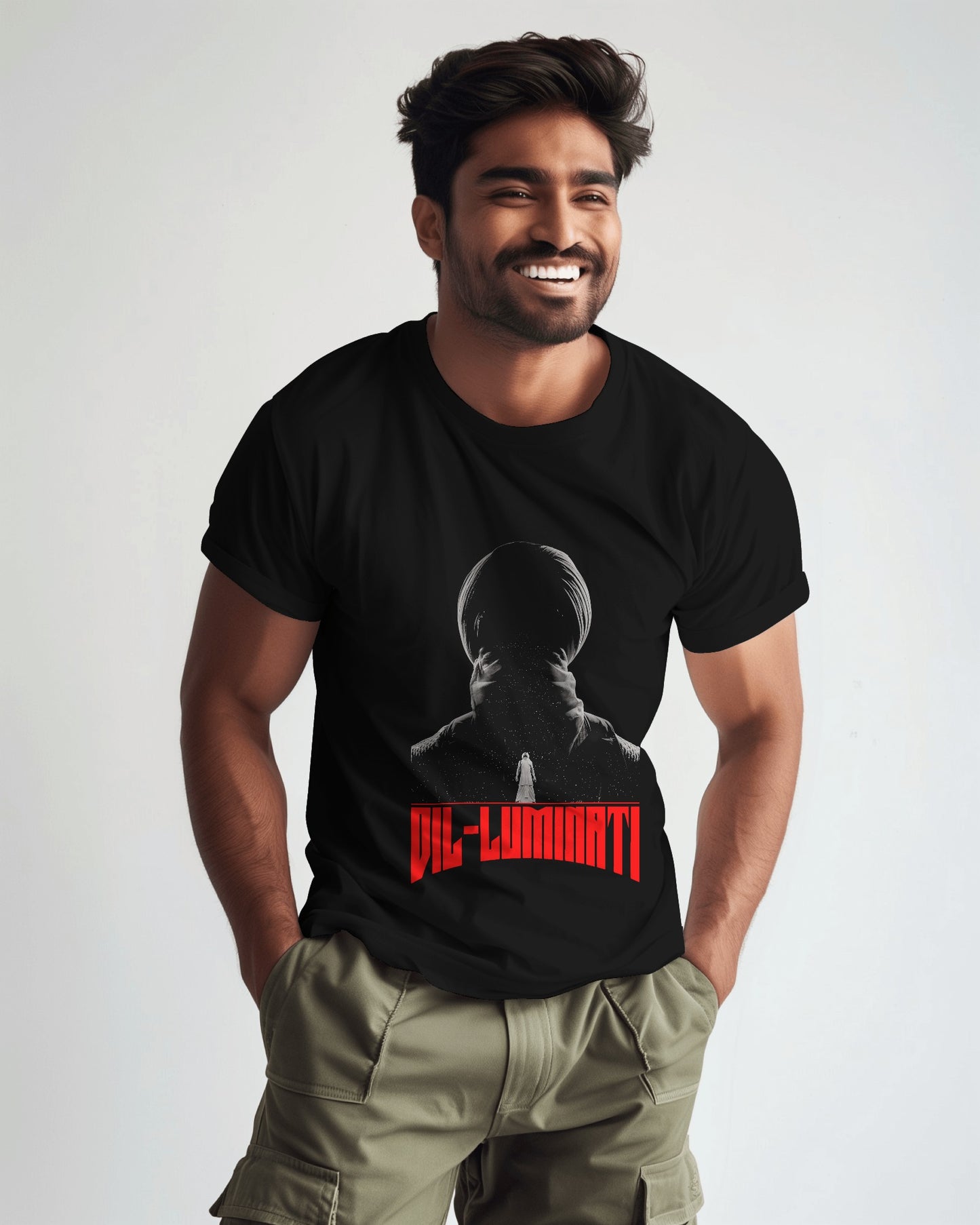 an Indian male model wearing Diljit Dosanjh "Diluminati" black T-Shirt
