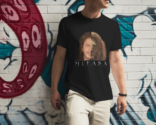 a male model wearing black classic half sleeve round neck SRK-Mufasa graphic tshirt.