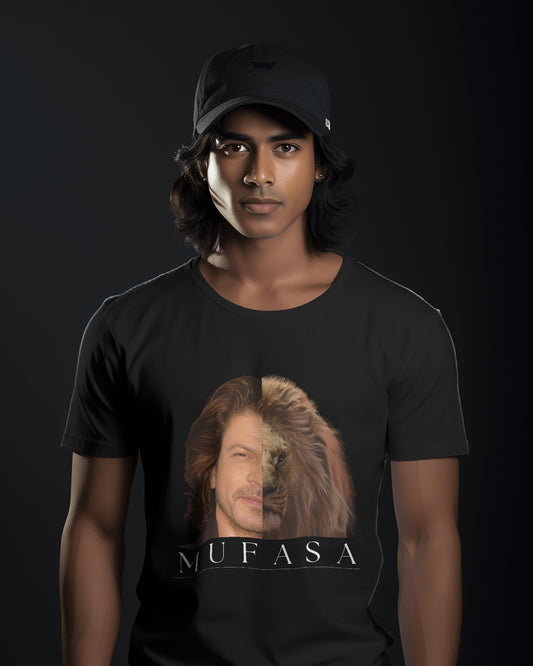 an Indian male model wearing a black cap and black classic half sleeve round neck SRK-Mufasa graphic tshirt.