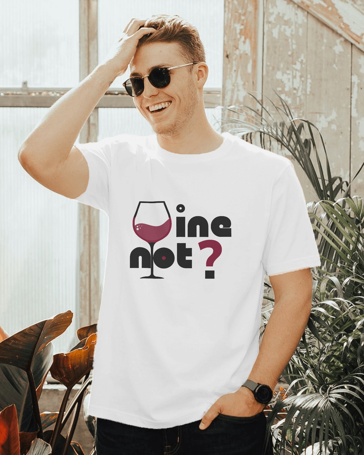a white model male wearing white classic half sleeve round neck cotton Wine Not ? graphic t-shirt