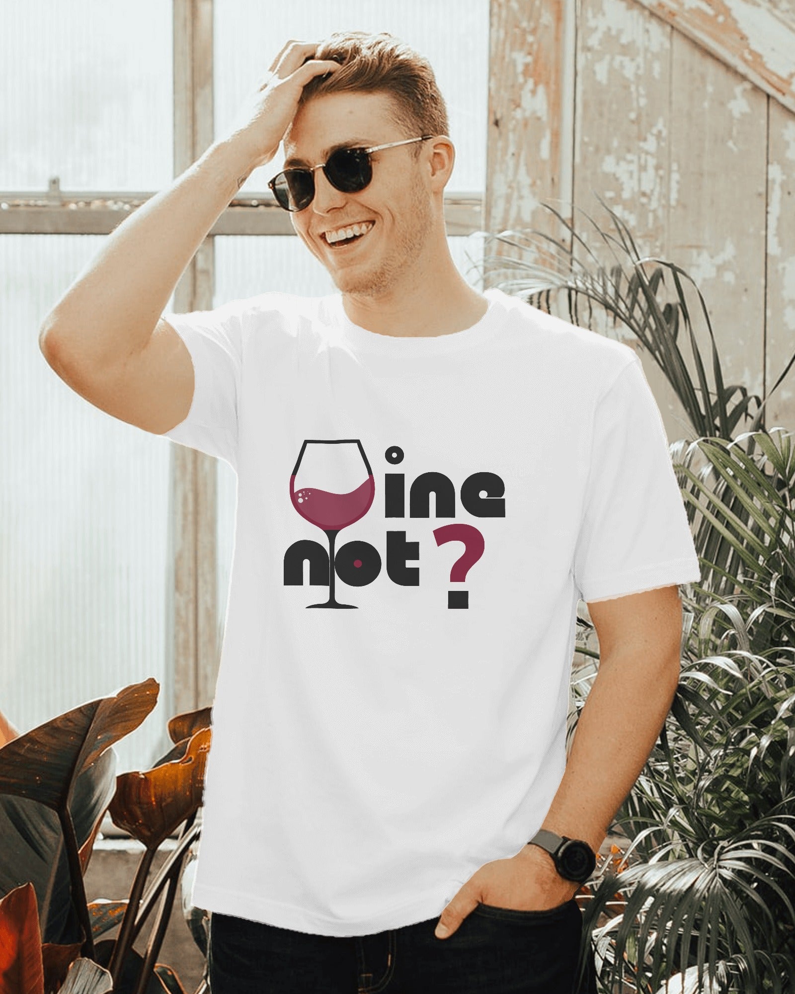 a white model male wearing white classic half sleeve round neck cotton Wine Not ? graphic t-shirt