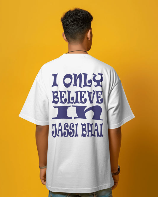 Back view of a male model wearing I only Believe in Jassi Bhai Oversized Tshirt white
