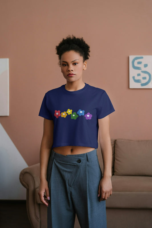 an African model female wearing Rainbow Bloom Crop Top Navy