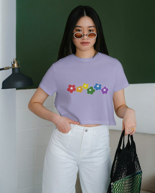 an Asian model female wearing Rainbow Bloom Crop Top lavender