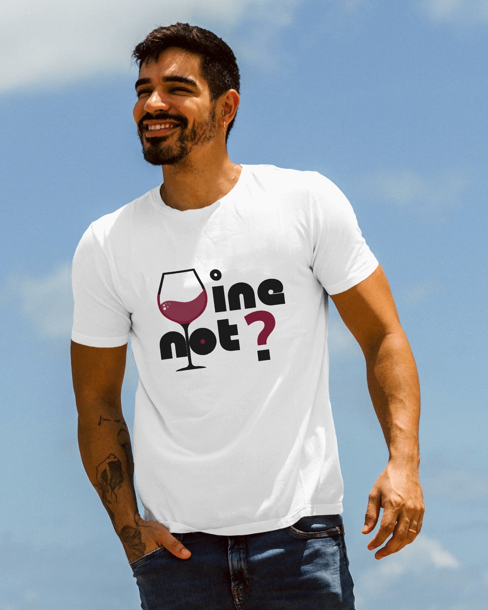 an european model male wearing white classic half sleeve round neck cottonWine Not ? graphic t-shirt