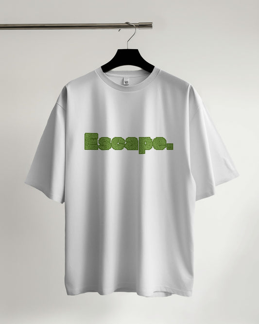 an oversized ESCAPE Tshirt on a hanger white