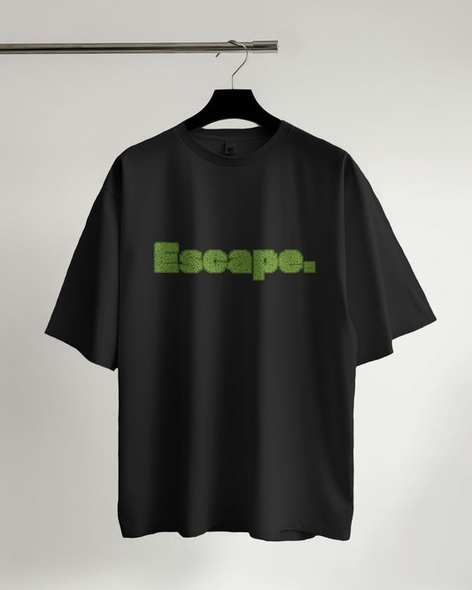 an oversized ESCAPE Tshirt on a hanger black