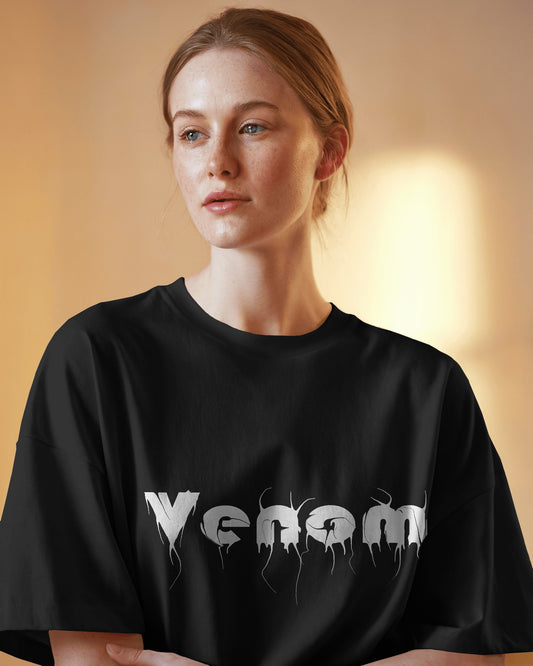 an american female model wearing an oversized Venom tshirt