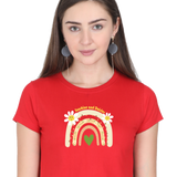Red cotton crop tee with a "Sunshine and Daisies" rainbow graphic, perfect for casual and trendy everyday style.