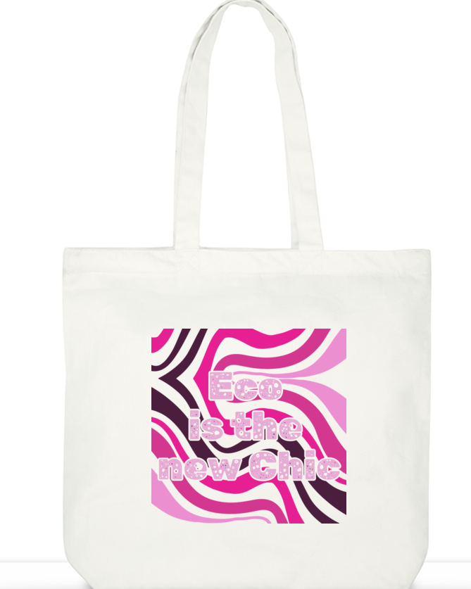 White tote bag featuring a retro wavy pattern with the text 'Eco is the New Chic' in pink.