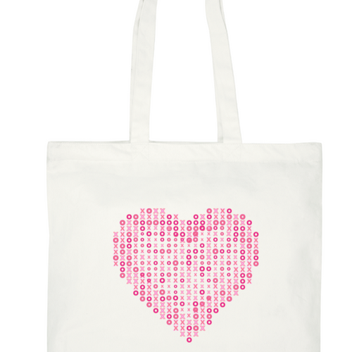 White canvas tote bag featuring a large pink heart made of 'XOXO' patterns, perfect for shopping.
