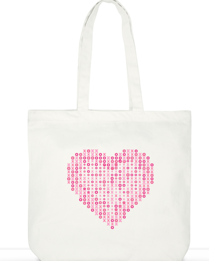 White canvas tote bag featuring a large pink heart made of 'XOXO' patterns, perfect for shopping.