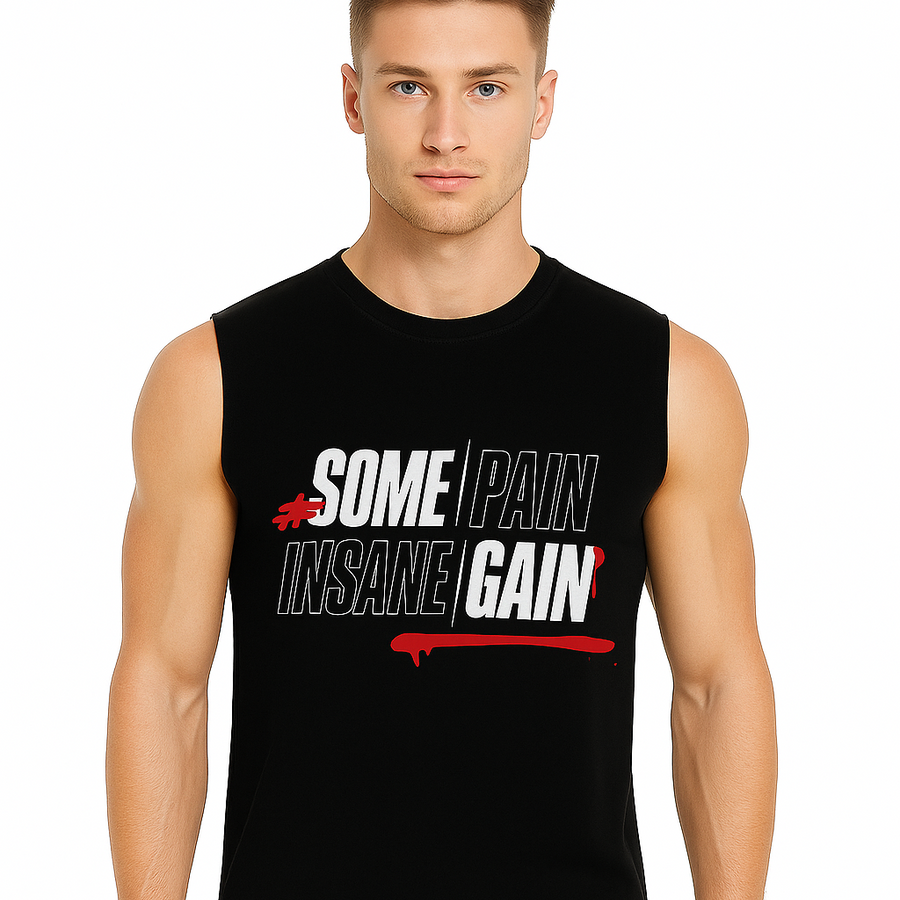 Black sleeveless t-shirt with 'Some Pain, Insane Gain' graphic, front view.
