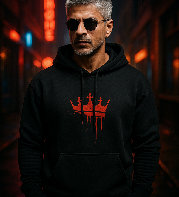 Black unisex hoodie featuring the bleeding crown from King Movie, worn by Shah Rukh Khan.