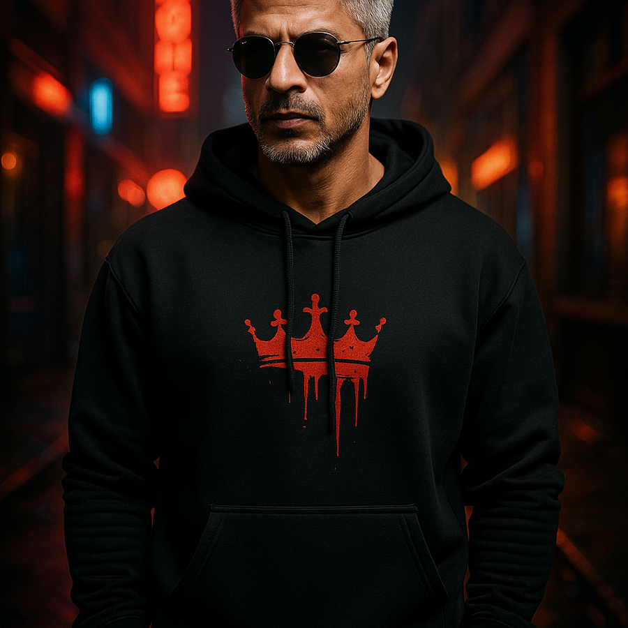 Black unisex hoodie featuring the bleeding crown from King Movie, worn by Shah Rukh Khan.