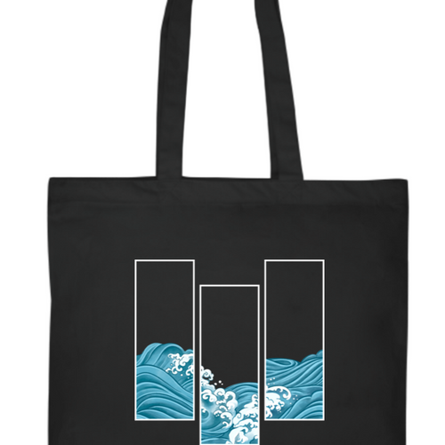 A black tote bag featuring a minimalist Japanese wave design across the front, perfect for daily use.