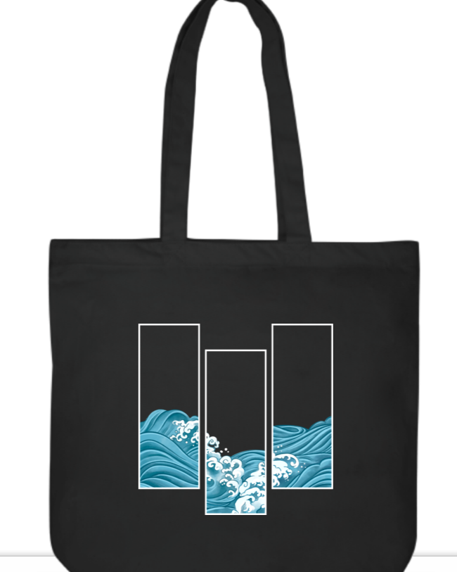 A black tote bag featuring a minimalist Japanese wave design across the front, perfect for daily use.