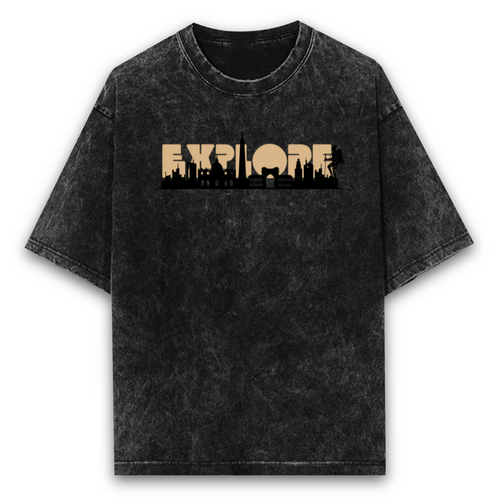 Front view of a black acid wash unisex t-shirt with the word 'EXPLORE' and a city skyline graphic.