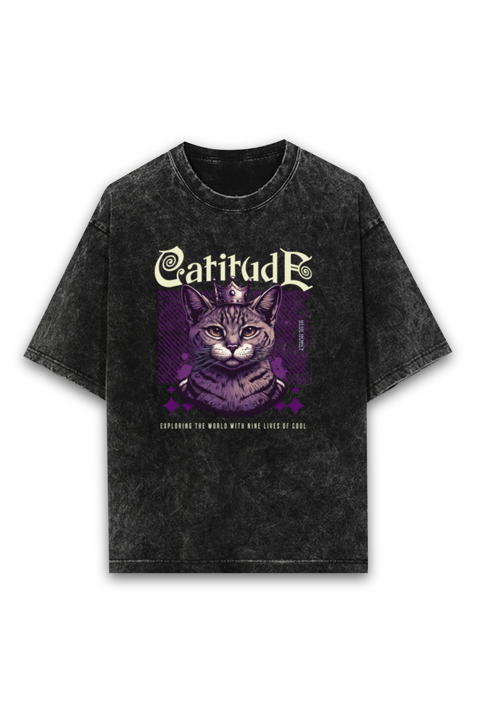 Unisex "Catitude" Oversized Acid-Wash T-Shirt – Bold & Cool Cat Graphic Tee