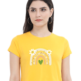Yellow Sunshine and Daisies crop tee with a rainbow and heart graphic, front view.