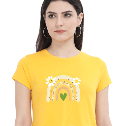 Yellow Sunshine and Daisies crop tee with a rainbow and heart graphic, front view.