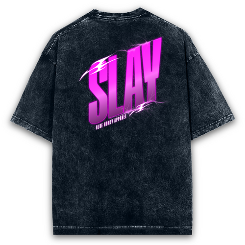 Back view of a unisex, oversized, acid-washed black t-shirt with a vibrant pink 'SLAY' graphic.