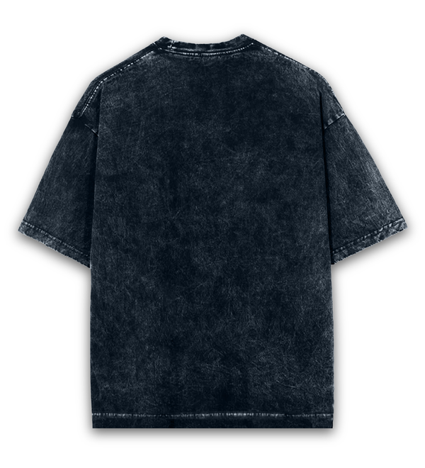 Back view of a unisex oversized acid-wash black t-shirt with a bold cat graphic, perfect for a cool and casual look.