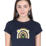 Navy blue Sunshine and Daisies crop tee with a rainbow and daisy graphic, perfect for casual everyday style.
