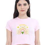 Pink Sunshine and Daisies crop tee with a rainbow and daisy graphic, perfect for casual everyday style.