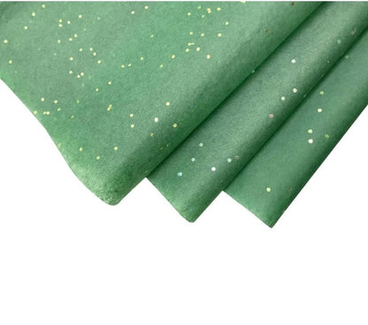 Green glitter fabric gift wrap with a soft, textured finish, perfect for adding sparkle to presents.