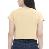 Back view of a neutral illustrated moth and butterfly art crop top with a heart XOXO design.