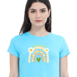 Blue Sunshine and Daisies crop tee with a rainbow and daisy graphic, perfect for casual everyday style.