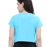 Back view of a blue cotton Sunshine and Daisies crop tee, perfect for casual and trendy everyday style.