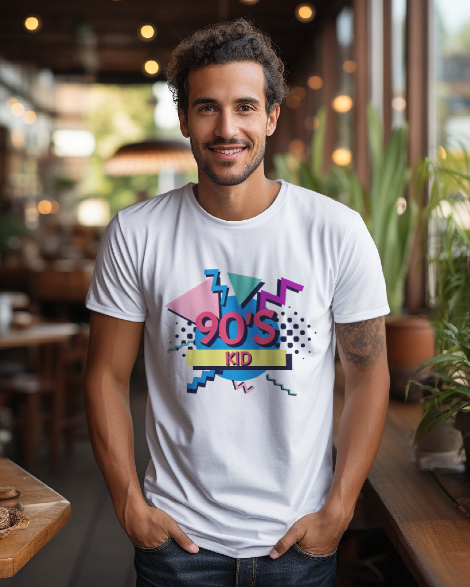 A male model with his hands in his pocket wearing aa '90s Kid' white T-shirt