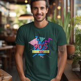Front view of a man wearing a dark green "90's Kid" graphic t-shirt with retro 90s-inspired design.