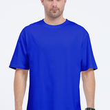 Front view of a blue unisex oversized "A Moment on the Lips, Forever on the Hips" t-shirt.