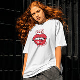 White oversized t-shirt with a bold "Oops! My Bad" lips graphic design, perfect for casual streetwear.