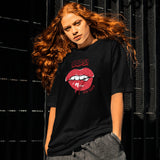 Black oversized t-shirt with "Oops! My Bad" lips graphic design, front view.