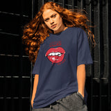 Navy blue oversized t-shirt with a bold red glitter lips graphic and "Oops! My Bad" text.