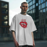 Front view of a white oversized t-shirt with a bold red lips graphic and "Oops! My Bad" text.