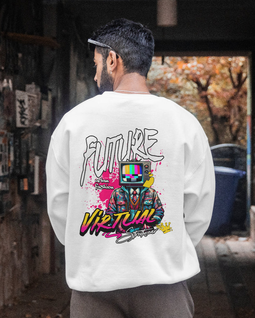 back view of a Indian male wearing White 'Virtual Streetwear Graphic Oversized Unisex Sweatshirt'